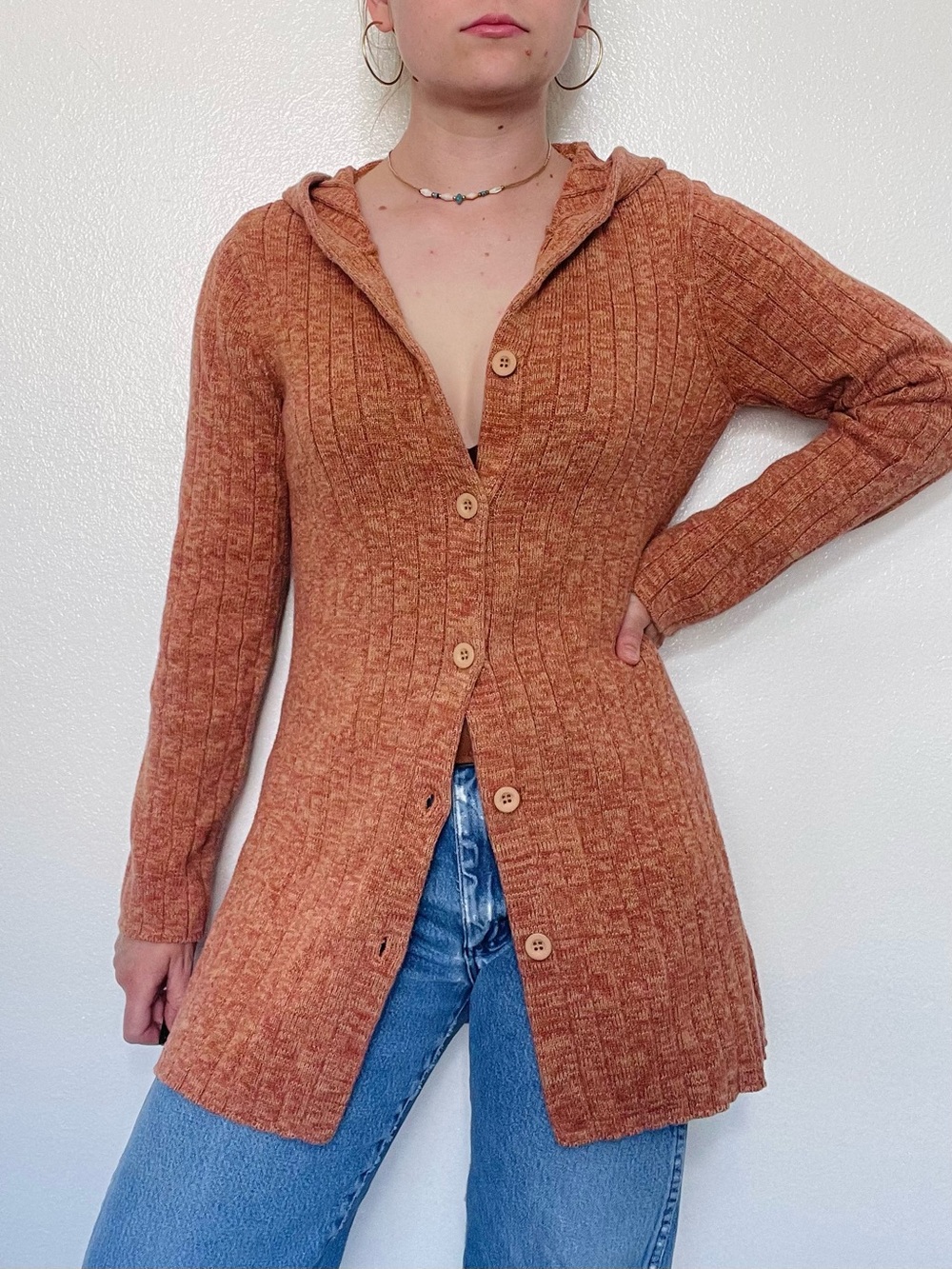 Unbranded | Retro Orange Ribbed Knit Button Down Hooded Cardigan Sweater